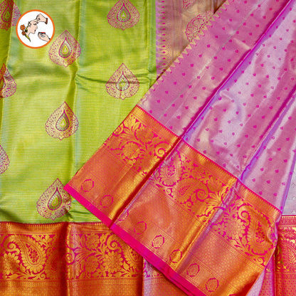Parrot Green with Pink border Kanchipuram Tissue Saree with horizontal Stripes