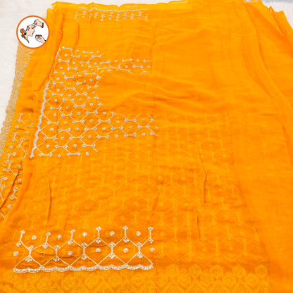 Golden Yellow Full Silver Stonework Cutwork border Bridal Partywear Organza Saree
