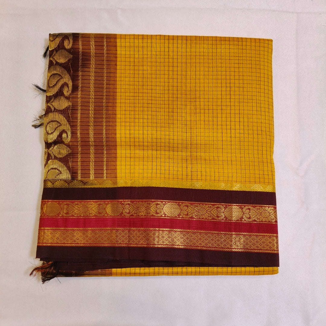 Yellow traditional Podi Kattam silk cotton saree