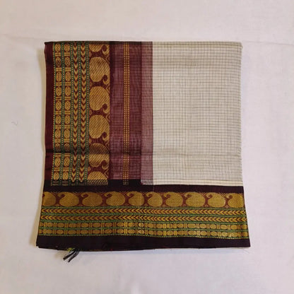 Off white with brown traditional Podi Kattam silk cotton saree Vivahasilks