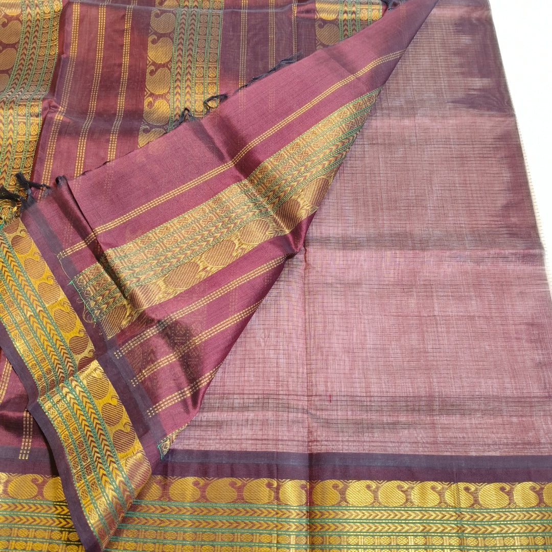 Off white with brown traditional Podi Kattam silk cotton saree