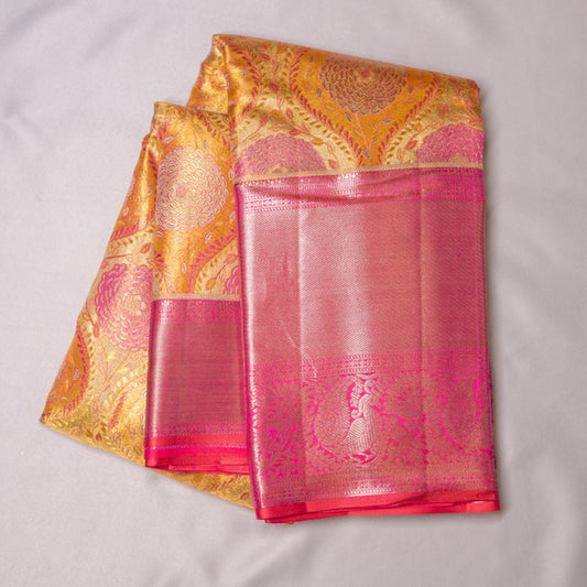 Orangish yellow with Pink Pure Kanchi Silk