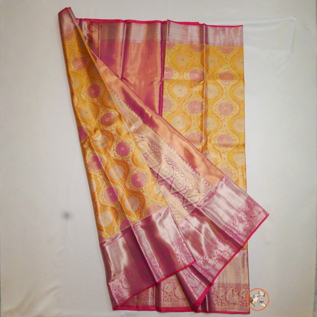 Orangish yellow with Pink Pure Kanchi Silk