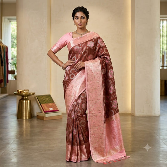 Coffee Brown with Pink Fancy border Meenakari weaving Silver zari Kanchipuram Mix Silk Saree