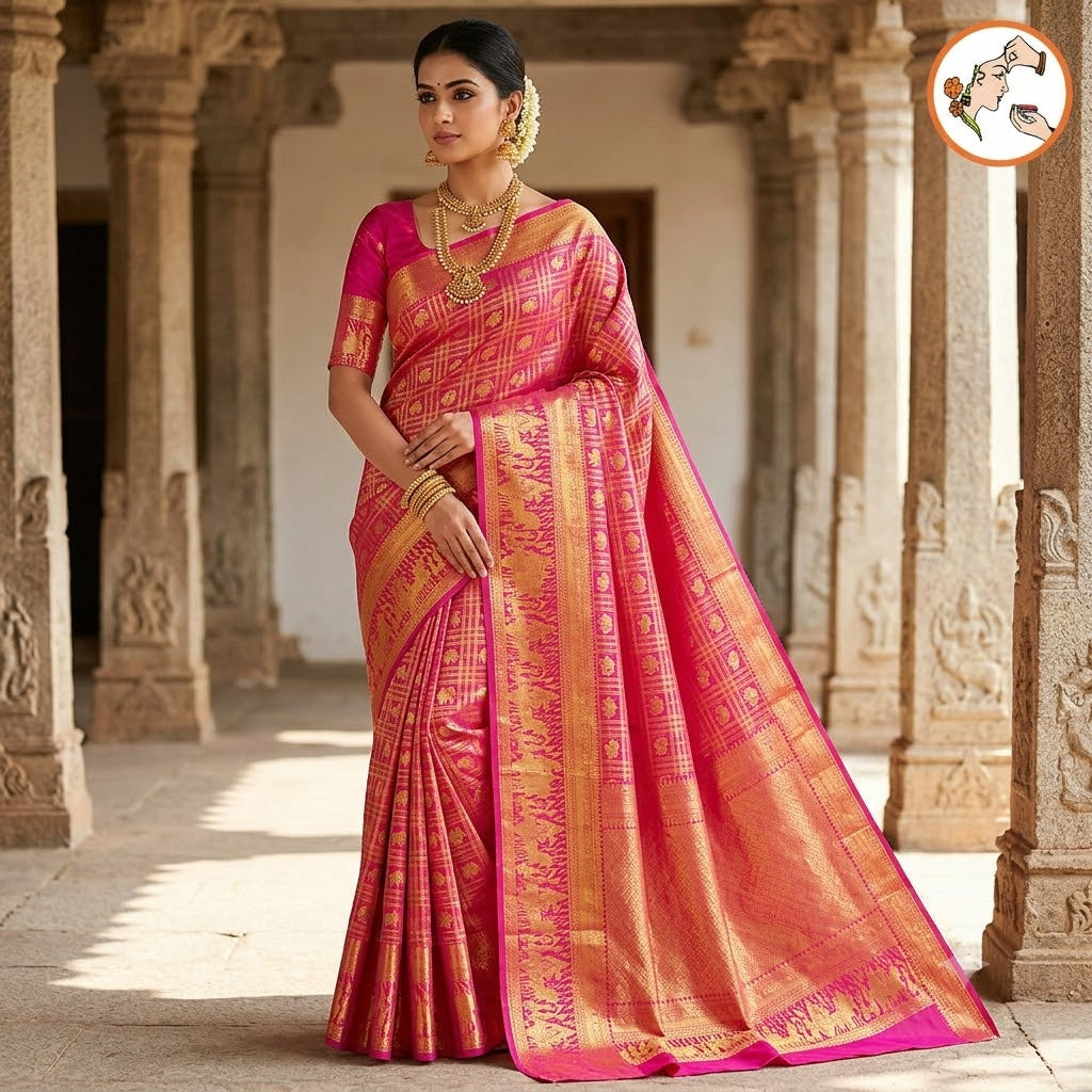 Dark Pink Peacock & Elephant motif with Rich Pallakku border Traditional Bridal Kanchipuram MIx Silk Saree