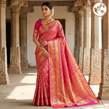 Dark Pink Peacock & Elephant motif with Rich Pallakku border Traditional Bridal Kanchipuram MIx Silk Saree