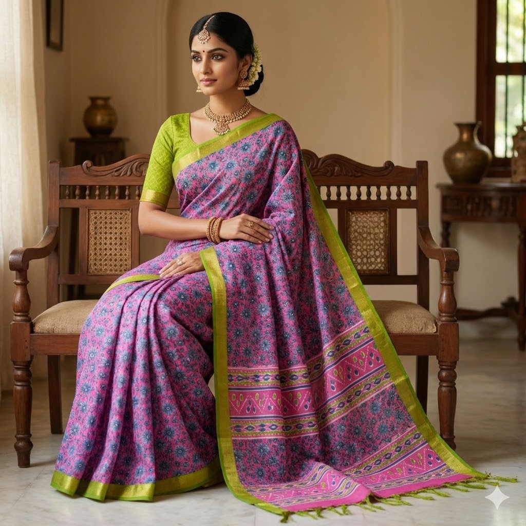 Pink with Green Floral Bhagal puri cotton Casual Saree