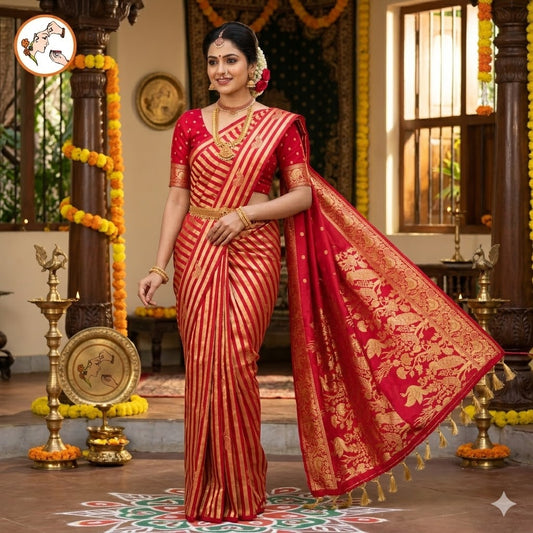 Maroon borderless golden stripes Peacock motif Fancy Silk Saree