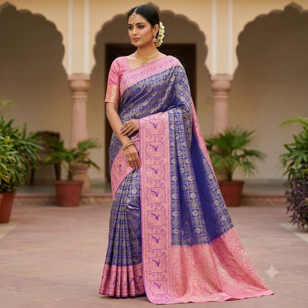 Royal Blue with baby Pink Fancy border peacock motif & checks (kattam) design Kanchipuram mix Silk Saree
