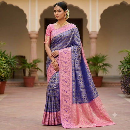 Royal Blue with baby Pink Fancy border peacock motif & checks (kattam) design Kanchipuram mix Silk Saree