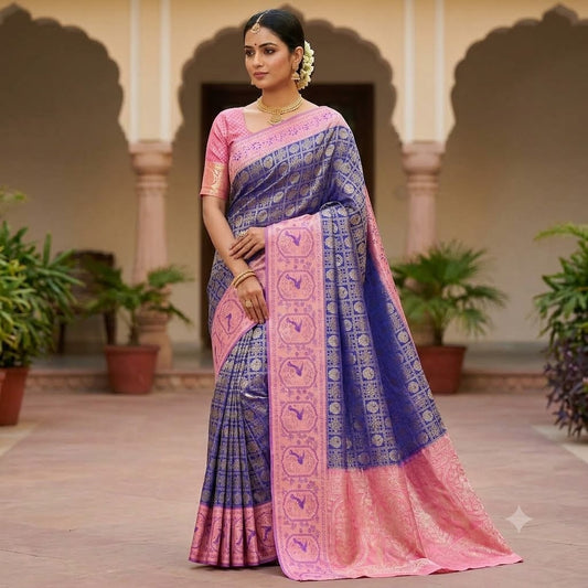 Royal Blue with baby Pink Fancy border peacock motif & checks (kattam) design Kanchipuram mix Silk Saree