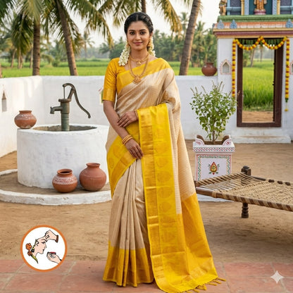 Beige Grey Polka Dots Green border Pure Handloom Silk Cotton Saree