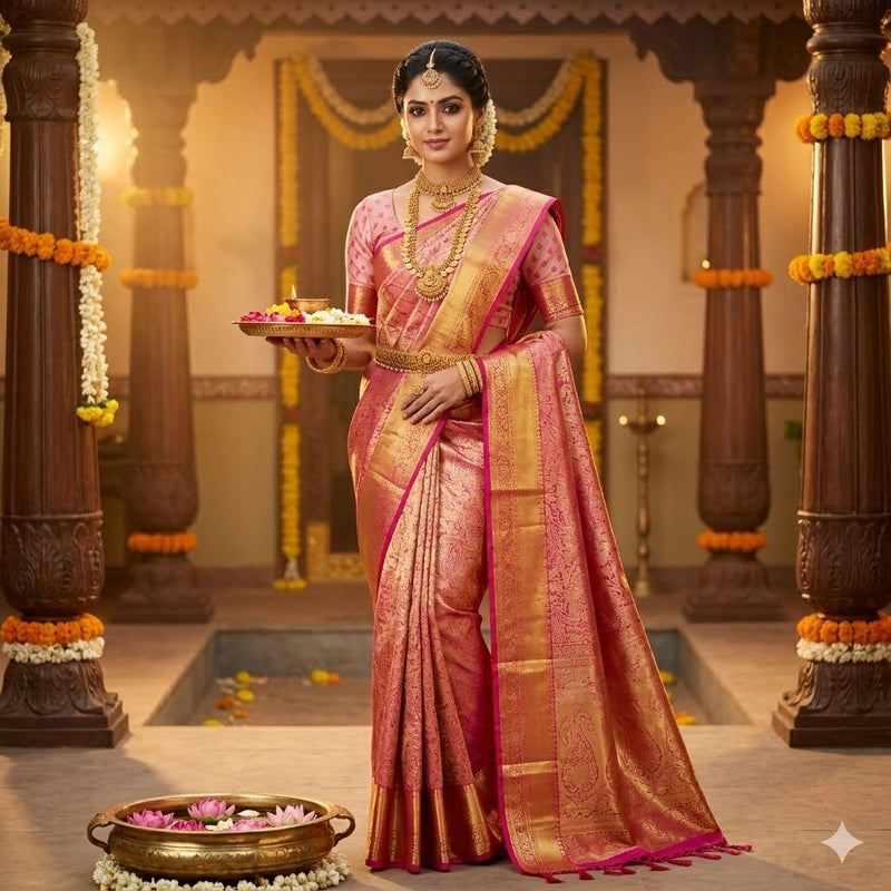 Dark Pink Kanchipuram Tissue Silk Saree