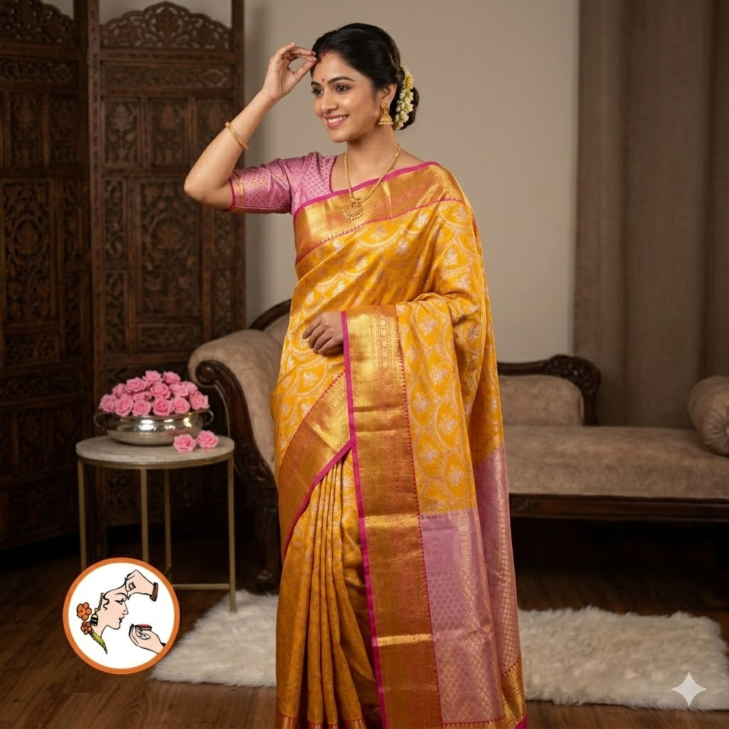 Mango Yellow with Pink border Kanchipuram Tissue Silk Saree