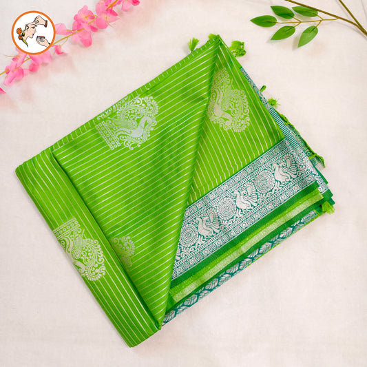 Parrot Green Soft Silk Saree with Vertical Stripes & Peacock motifs
