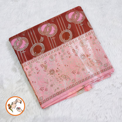 Coffee Brown with Pink Fancy border Meenakari weaving Silver zari Kanchipuram Mix Silk Saree