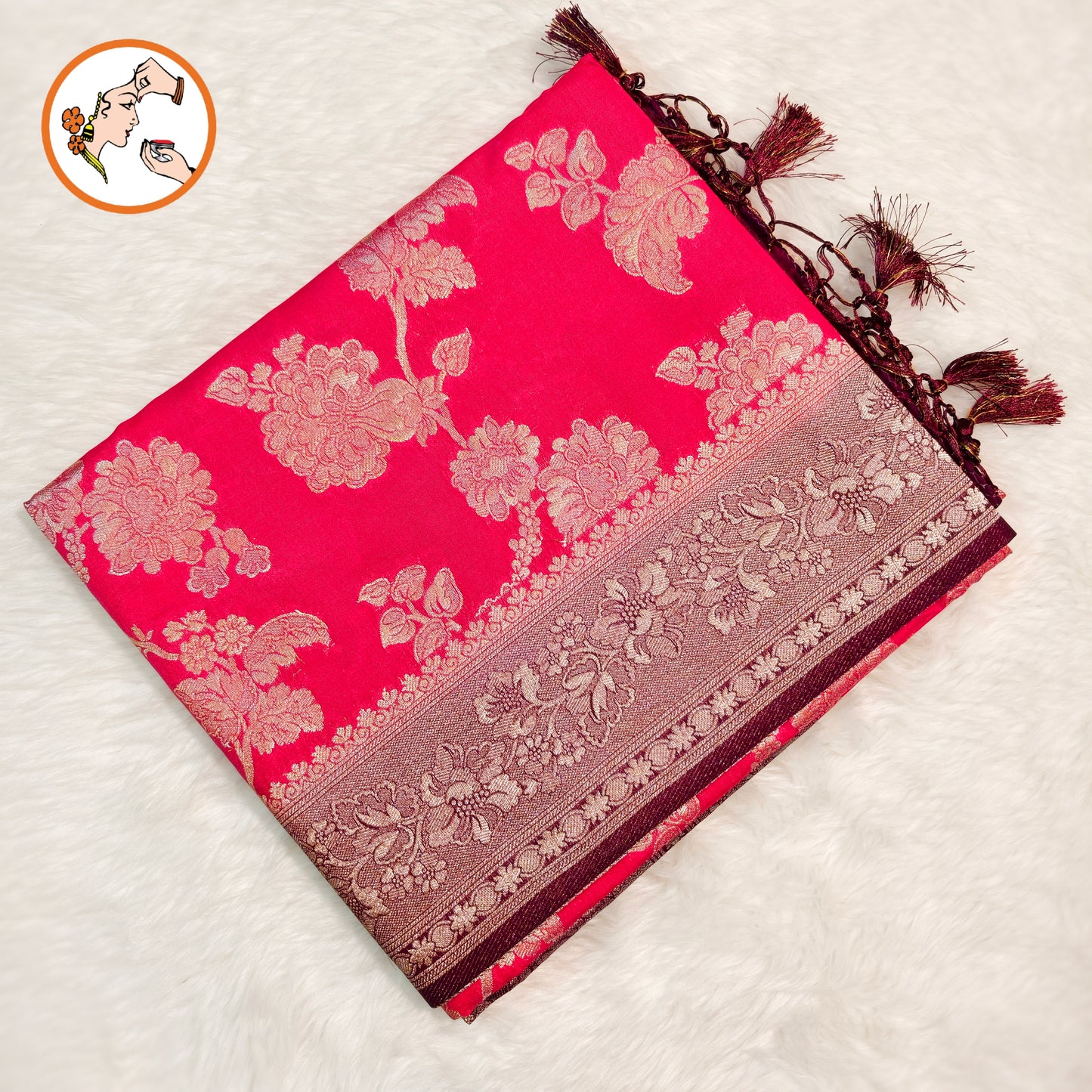 Pink with Maroon border floral Jaal design Banarasi Silk Saree (Light Weight)