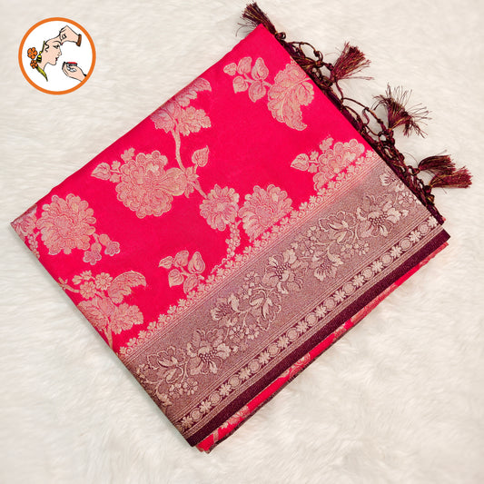 Pink with Maroon border floral Jaal design Banarasi Silk Saree (Light Weight)