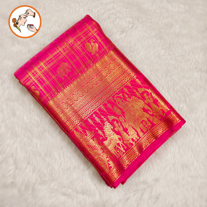 Dark Pink Peacock & Elephant motif with Rich Pallakku border Traditional Bridal Kanchipuram MIx Silk Saree