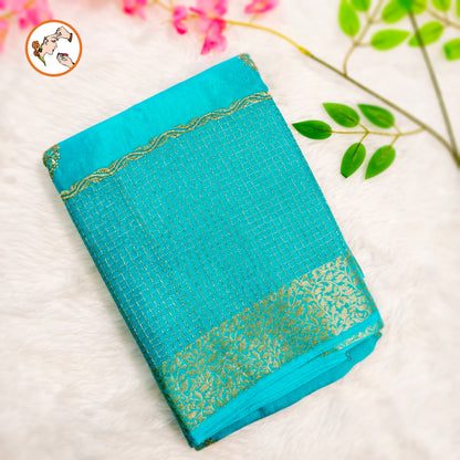 Sky Blue Golden Embriodery Premium Wrinkle Chiffon Georgette Designer Saree