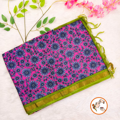 Pink with Green Floral Bhagal puri cotton Casual Saree