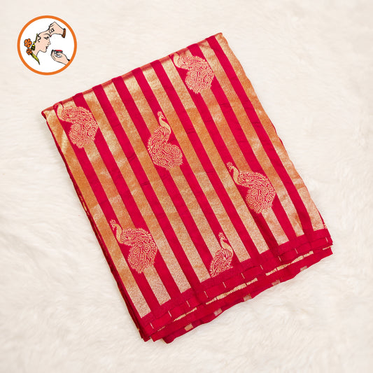 Maroon borderless golden stripes Peacock motif Fancy Silk Saree