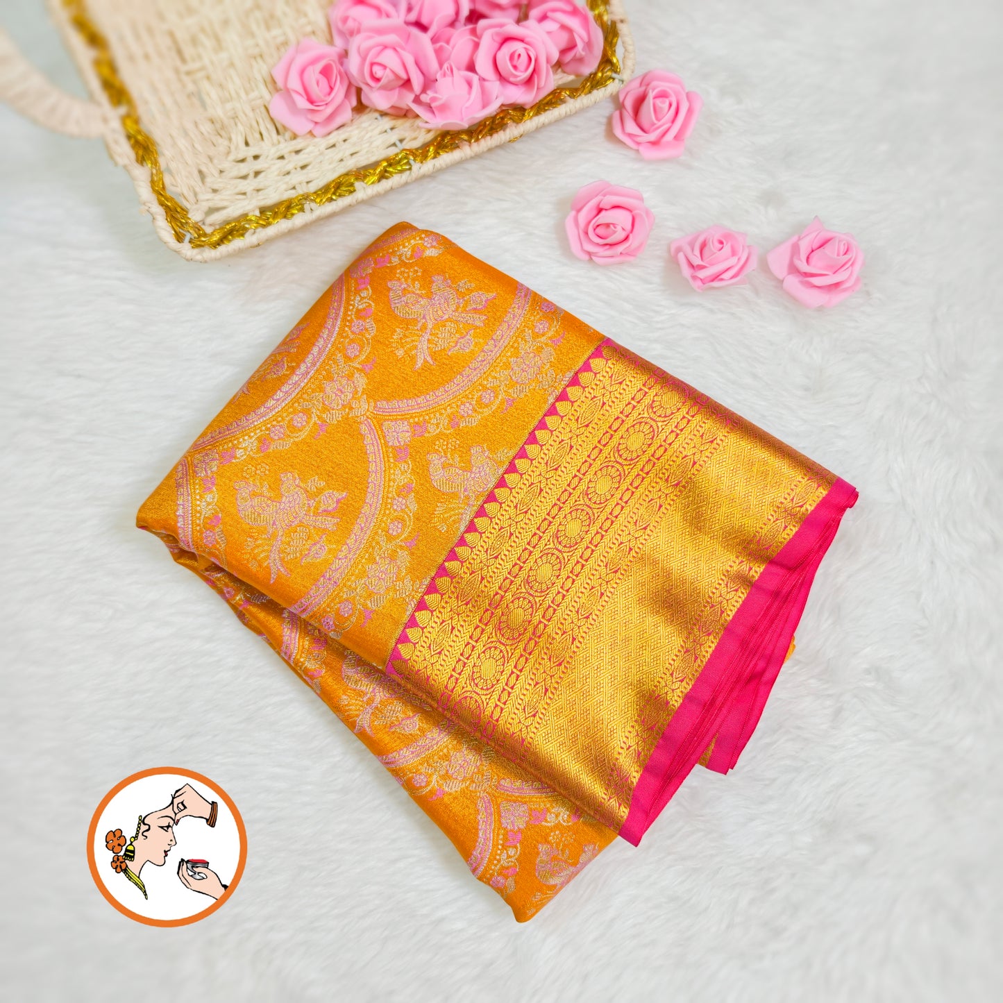 Mango Yellow with Pink border Kanchipuram Tissue Silk Saree