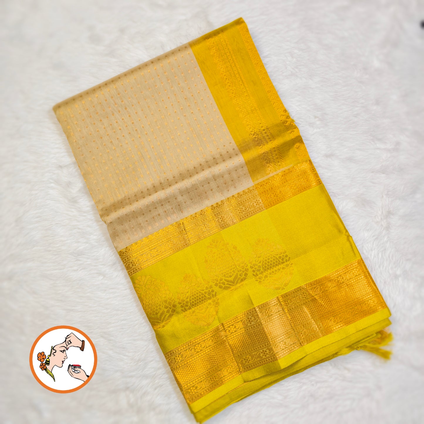 Beige Grey Polka Dots Green border Pure Handloom Silk Cotton Saree