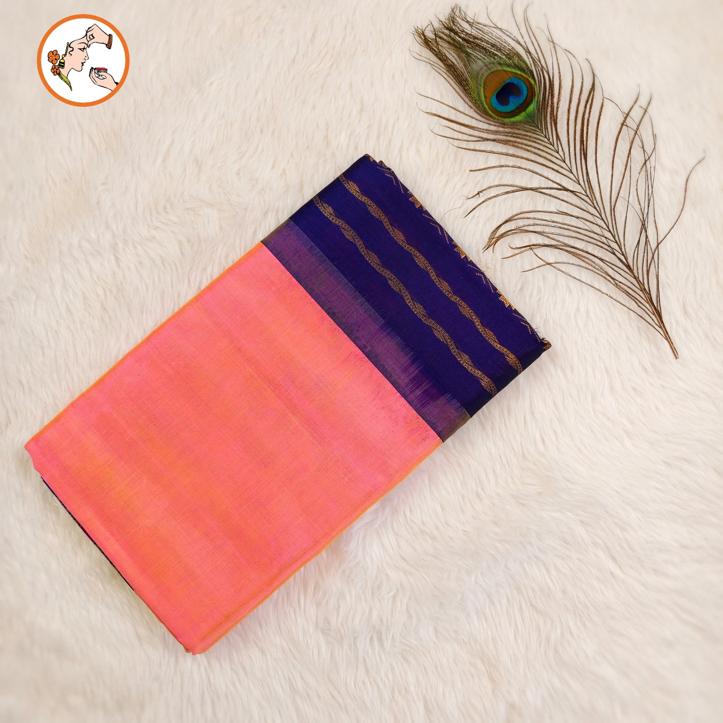 Peachy Pink Traditional Pure Silk Cotton Saree with Royal Blue border