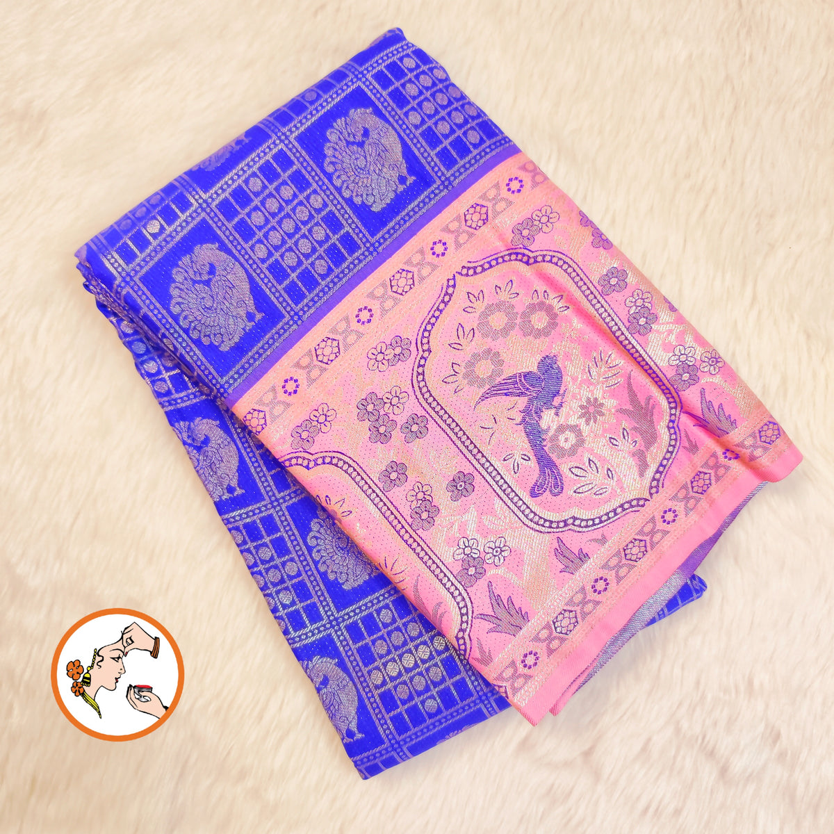 Royal Blue with baby Pink Fancy border peacock motif & checks (kattam) design Kanchipuram mix Silk Saree