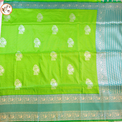 Parrot Green Soft Silk Saree with Vertical Stripes & Peacock motifs