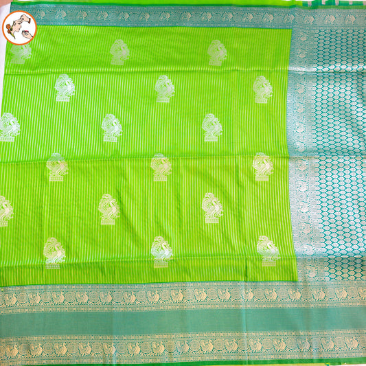 Parrot Green Soft Silk Saree with Vertical Stripes & Peacock motifs