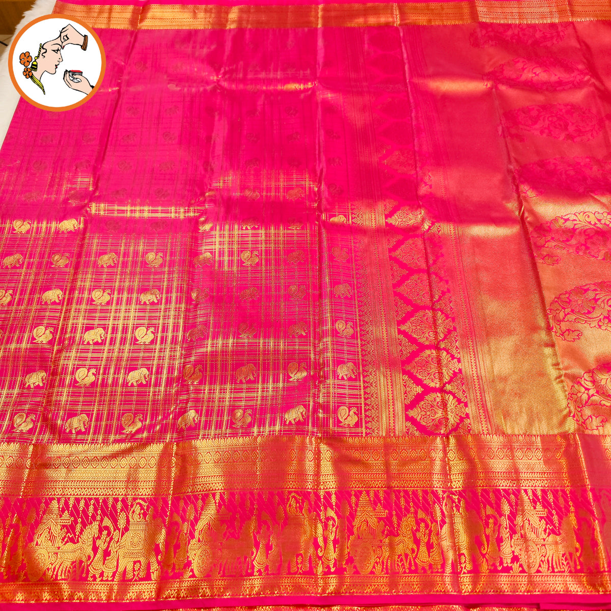 Dark Pink Peacock & Elephant motif with Rich Pallakku border Traditional Bridal Kanchipuram MIx Silk Saree