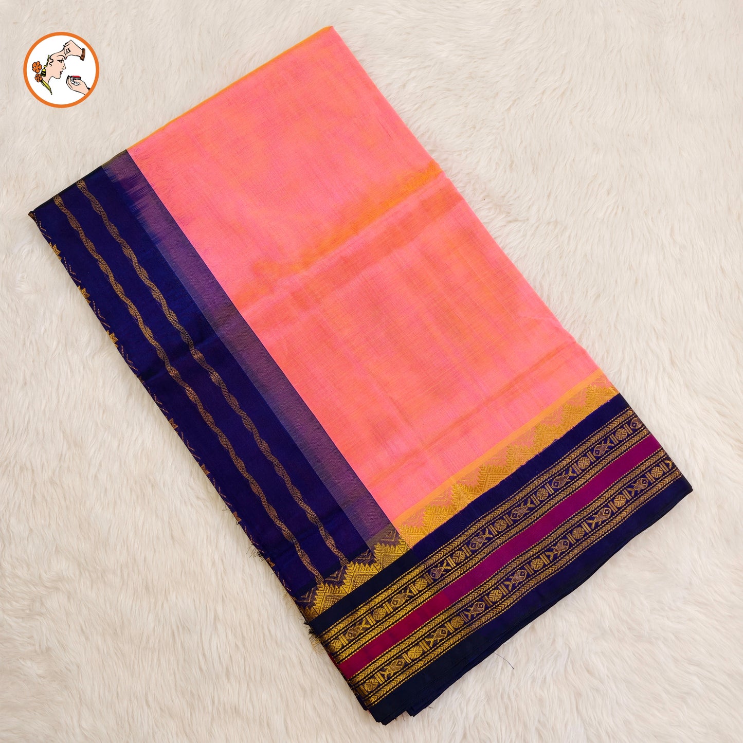 Peachy Pink Traditional Pure Silk Cotton Saree with Royal Blue border
