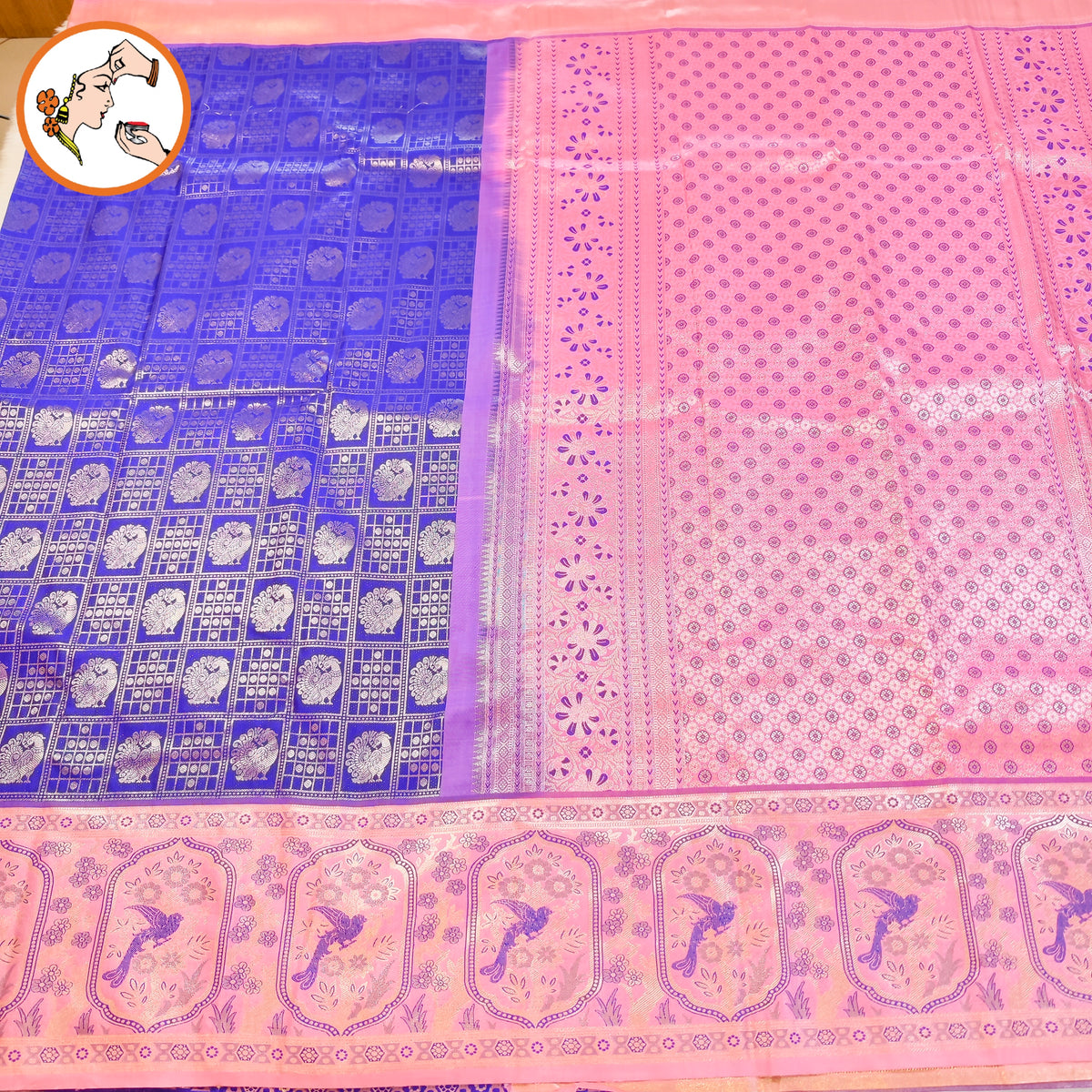 Royal Blue with baby Pink Fancy border peacock motif & checks (kattam) design Kanchipuram mix Silk Saree