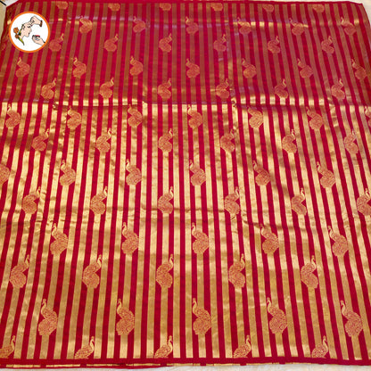 Maroon borderless golden stripes Peacock motif Fancy Silk Saree