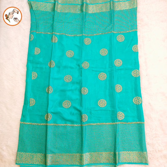 Sky Blue Golden Embriodery Premium Wrinkle Chiffon Georgette Designer Saree