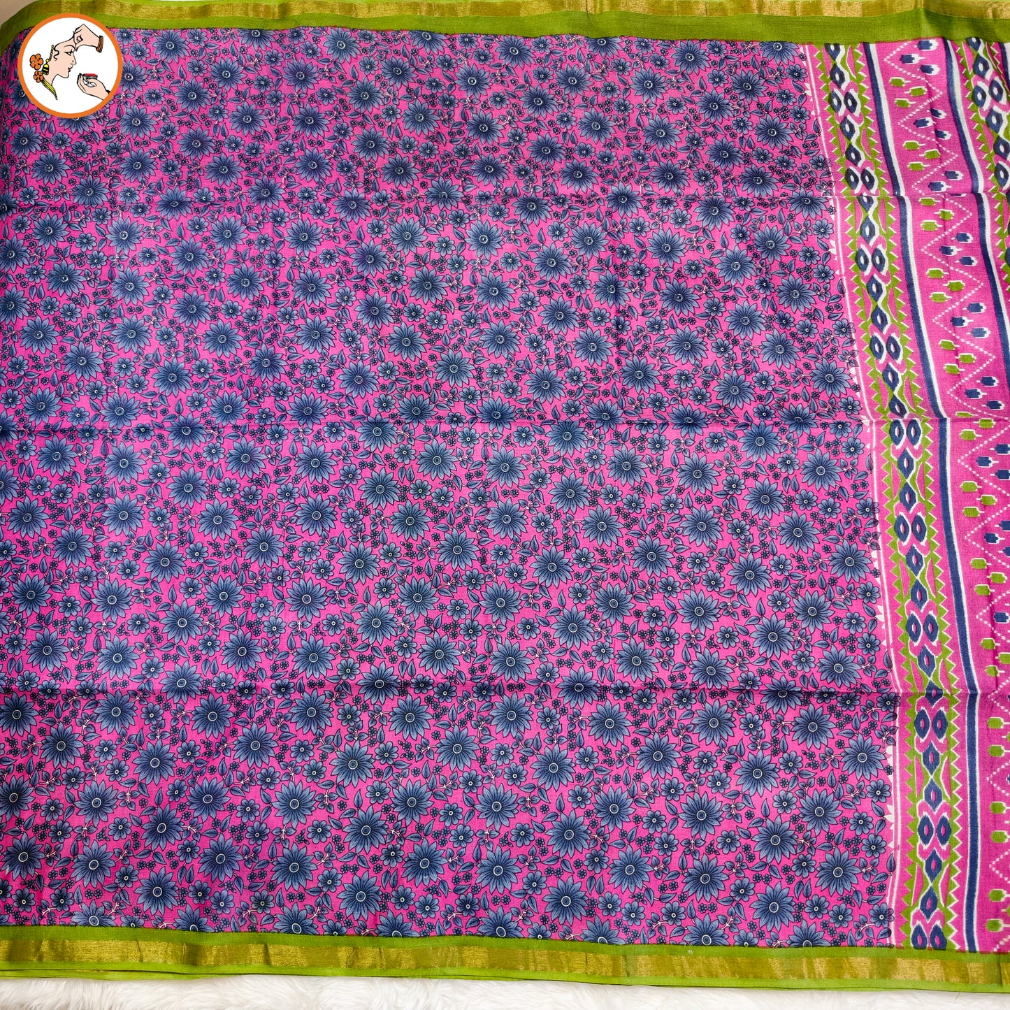 Pink with Green Floral Bhagal puri cotton Casual Saree