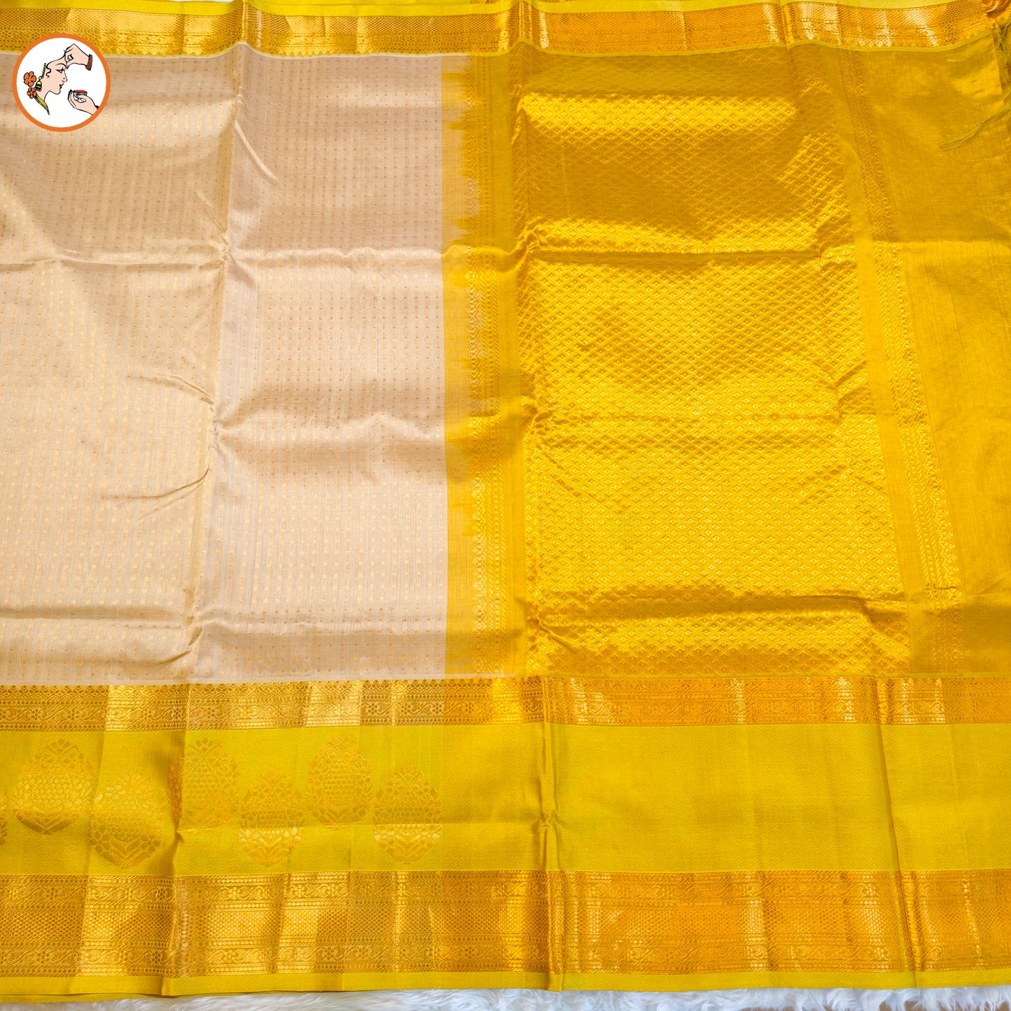 Beige Grey Polka Dots Green border Pure Handloom Silk Cotton Saree