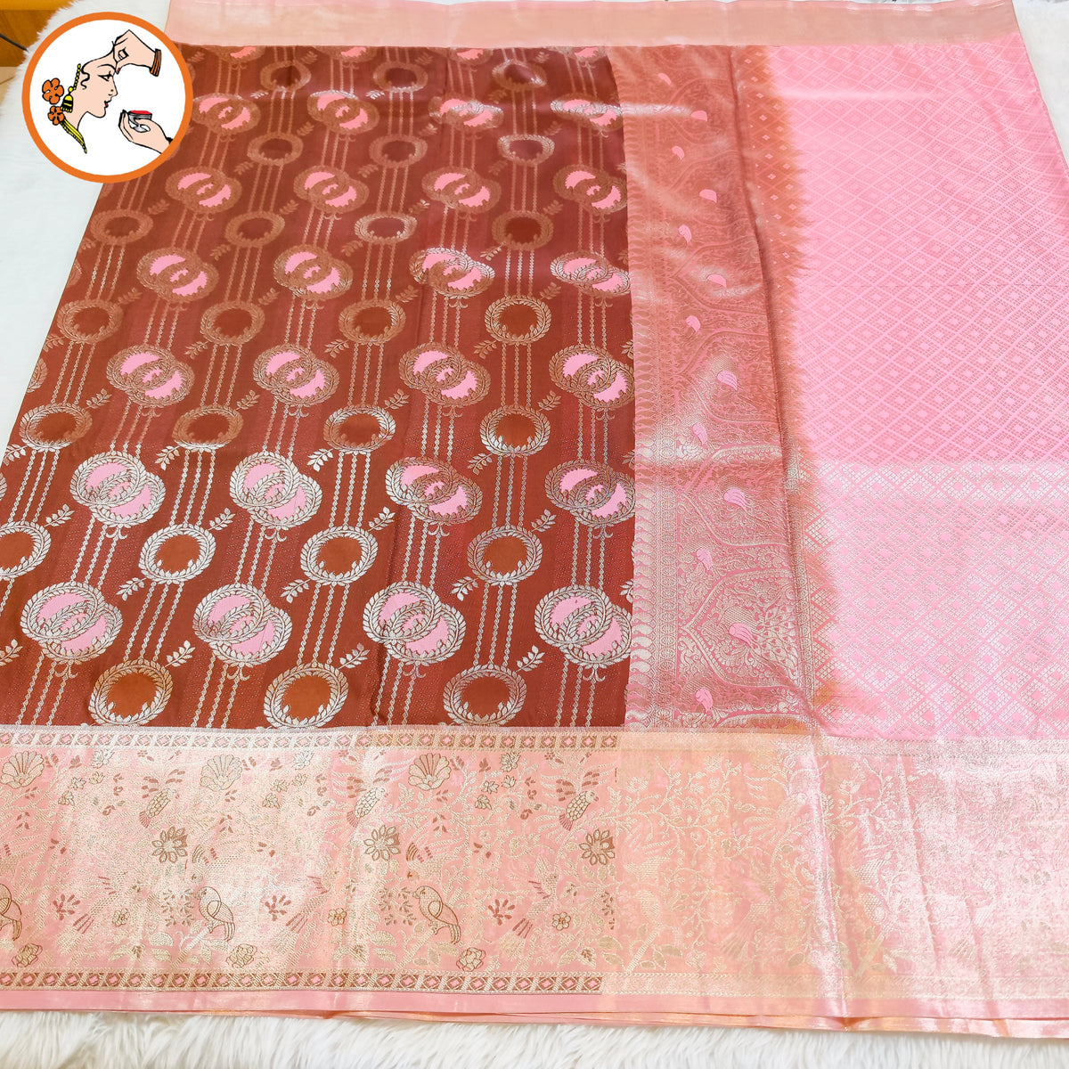 Coffee Brown with Pink Fancy border Meenakari weaving Silver zari Kanchipuram Mix Silk Saree