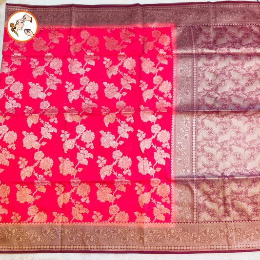 Pink with Maroon border floral Jaal design Banarasi Silk Saree (Light Weight)