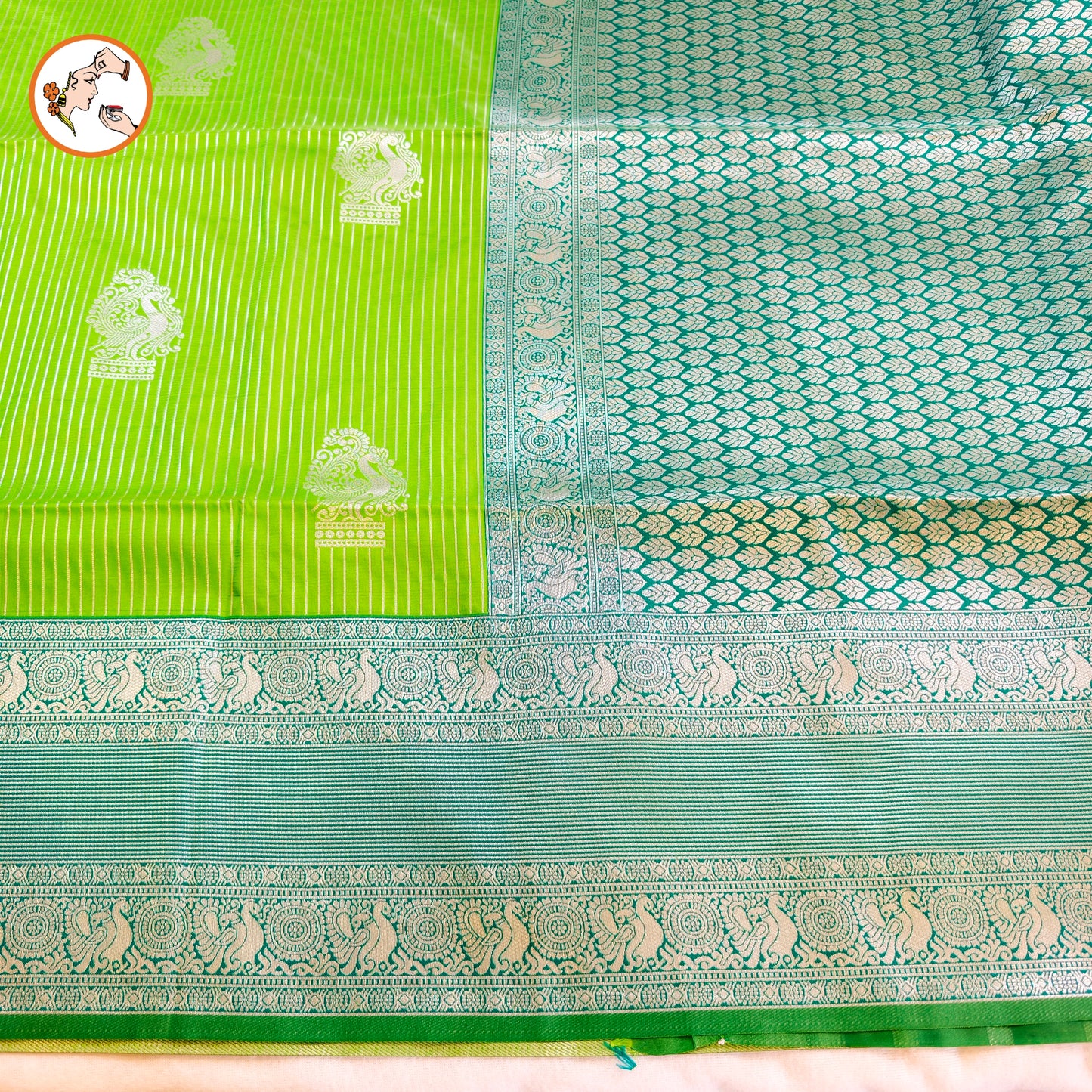 Parrot Green Soft Silk Saree with Vertical Stripes & Peacock motifs
