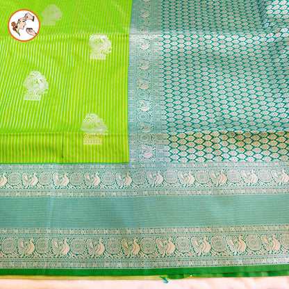 Parrot Green Soft Silk Saree with Vertical Stripes & Peacock motifs