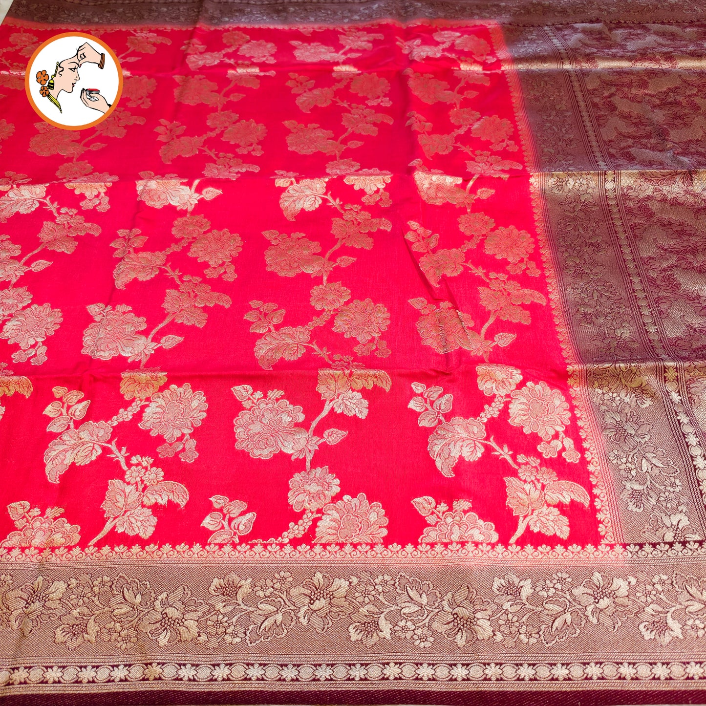 Pink with Maroon border floral Jaal design Banarasi Silk Saree (Light Weight)