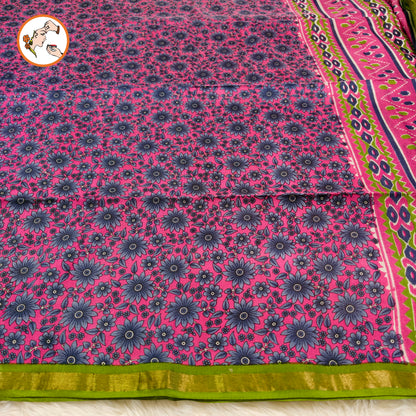 Pink with Green Floral Bhagal puri cotton Casual Saree