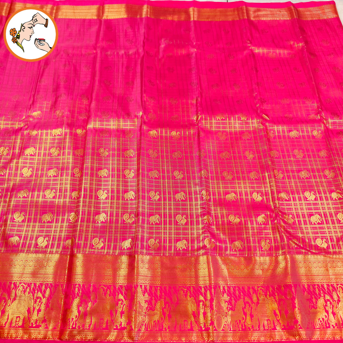 Dark Pink Peacock & Elephant motif with Rich Pallakku border Traditional Bridal Kanchipuram MIx Silk Saree