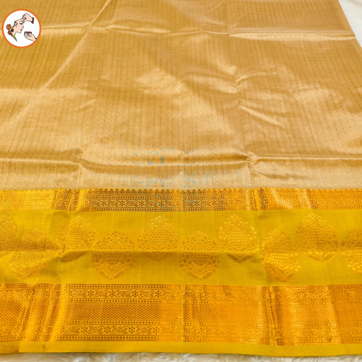 Beige Grey Polka Dots Green border Pure Handloom Silk Cotton Saree