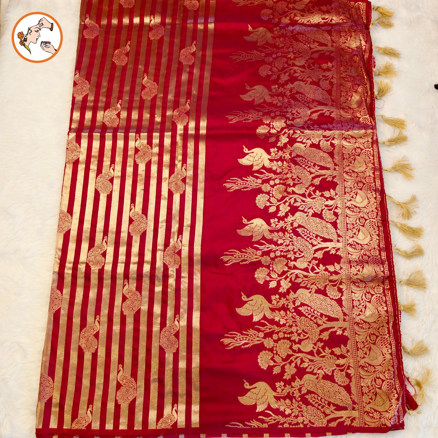 Maroon borderless golden stripes Peacock motif Fancy Silk Saree