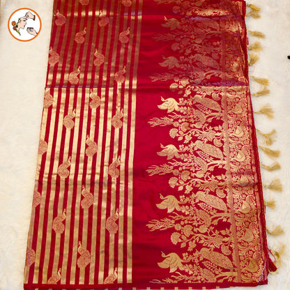 Maroon borderless golden stripes Peacock motif Fancy Silk Saree