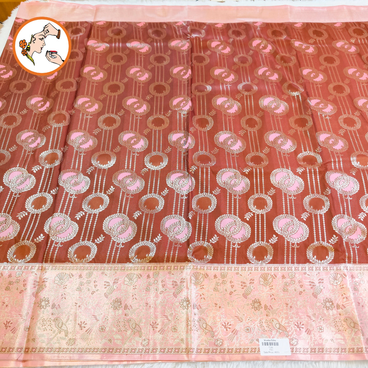 Coffee Brown with Pink Fancy border Meenakari weaving Silver zari Kanchipuram Mix Silk Saree